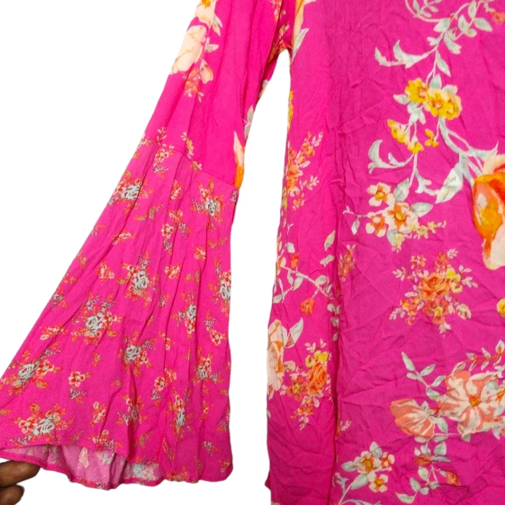 Free People Tate Bell Sleeve Floral Tunic Dress In Lollipop Combo
